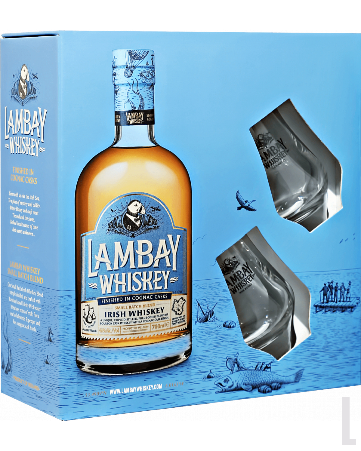 Ирландский виски Lambay Small Batch Blend Irish Whiskey 4 yo (gift box with  2 glasses) 0.7л — купить Ламбей Смол Бетч Бленд 4 года купажированный виски  в подарочной упаковке с 2-мя бокалами